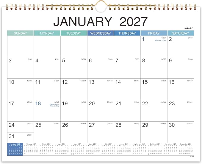 2027 Wall Calendar - Jan 2027 - Dec 2027, 12 Monthly Hanging Calendar 2027 Planner, 15" x 11.5", Spiral Binding, Yearly Overview, Holidays, Large Blocks, Perfect Organizer for Home & Office