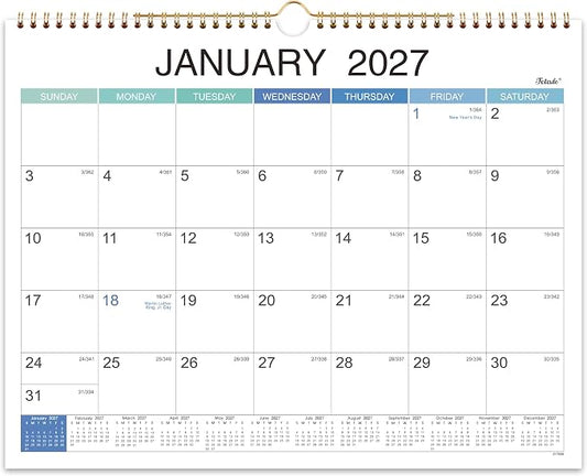 2027 Wall Calendar - Jan 2027 - Dec 2027, 12 Monthly Hanging Calendar 2027 Planner, 15" x 11.5", Spiral Binding, Yearly Overview, Holidays, Large Blocks, Perfect Organizer for Home & Office