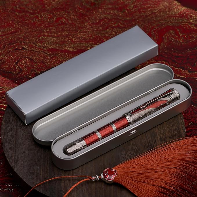Hongdian D5X Fountain Pen Fine Nib Red Color, Qin Dynasty Retro Chinese Totem Engraving Smooth Writing Pen with Converter and Pen Box Set