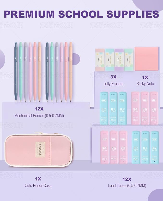 Aesthetic School Supplies with Cute Pencil Case, 12x Pastel Mechanical Pencils 0.5 & 0.7mm with 720x HB Leads, 4x Erasers and 1x Sticky Note, Suitable for Writing, Drafting Drawing Sketching(purple)