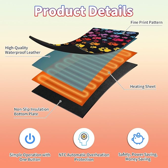 Heated Desk Pad Large Mouse Pad 23.6 x 14.1 inch with 3 Levels Heating & Auto Shut-Off Warm Mouse pad PU Leather Computer Mousepad for Home Office Work - Colorful Dog Paw