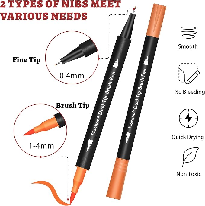 Piochoo Coloring Markers Pens, 34 Dual Tip Brush Pens, Fine Point Marker set for Adult Coloring Book, Bullet Journaling, Drawing