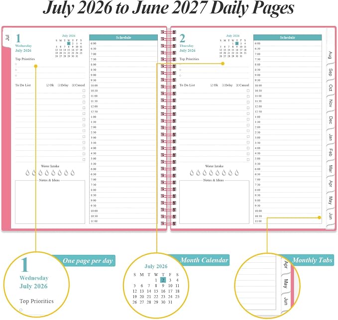 2026-2027 Daily & Monthly Planner - One Page Per Day, Daily Planner from July 2026 - June 2027, Planner 2026-2027 with 12 Monthly Tabs, 8.5" x 11", Pink