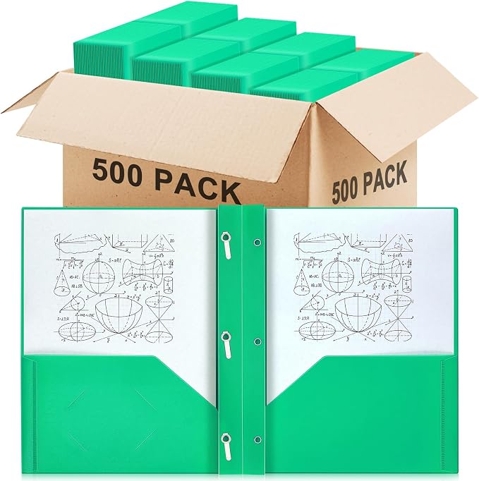 Yeaqee 500 Pcs Plastic 2 Pocket Folders with Prongs Bulk for Back to School, 3 Prong File Folders Fit Letter Size Paper, for School Office Homework Paperwork Organization Supplies (Green)