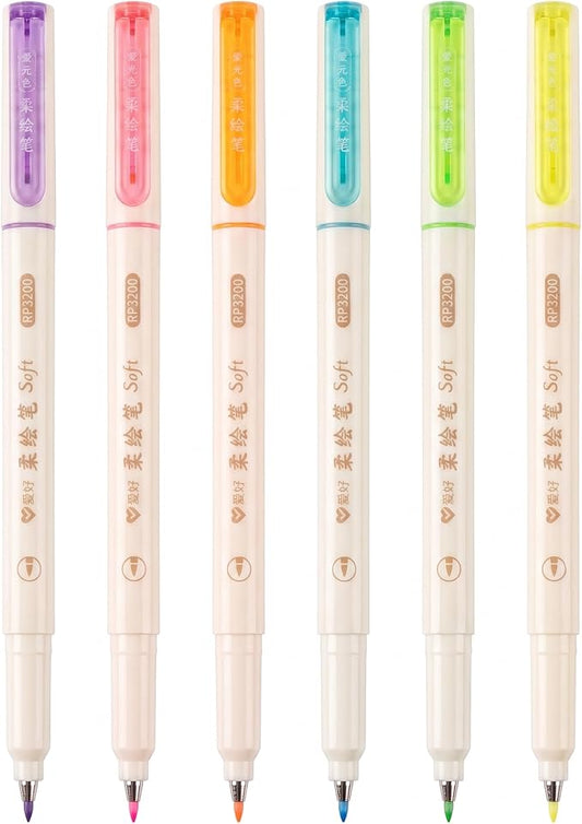 Brush Tip Drawing Pens: Artist Colored Flexible Tip Water Calligraphy Brush Pens for Journaling Adult Coloring Hand Lettering Calligraphy Journaling Bibling (6, Fluorescent colors)