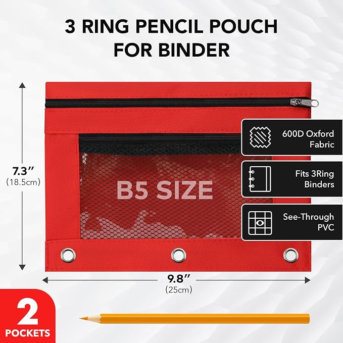 3 Ring Pencil Pouch for Binder, 2-Pocket Zipper Pencil Case with Clear Window & Mesh Pocket, 600D Oxford Fabric Binder Pouch for School Office Supplies, Fits Standard 3-Ring Binders, Red