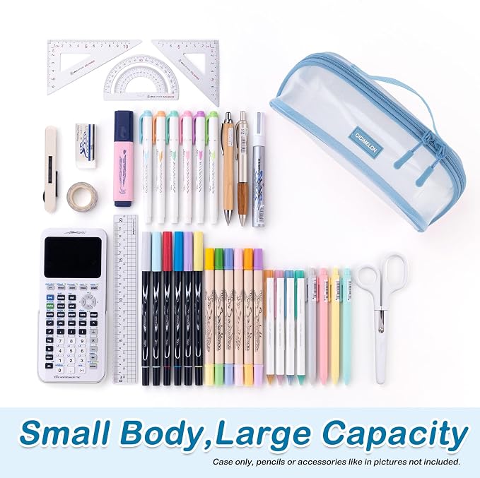 CICIMELON Transparent Mesh Pencil Pouch with Handle Big Case Clear Pen Bag College Essentials School Supplies, Light Blue