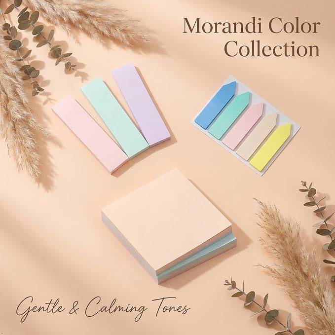 500Pcs Morandi Sticky Notes Set, 3"x3" Square Pad 100 Sheets, 3"x0.75" Strip Notes 300 Sheets, Index Tabs 100 Tabs, Cute Pastel Stationery for Desk Office School