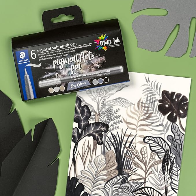 STAEDTLER Pigment Arts Soft Brush Pen, Grey Colours, Pack of 6 Pens, 372 C6
