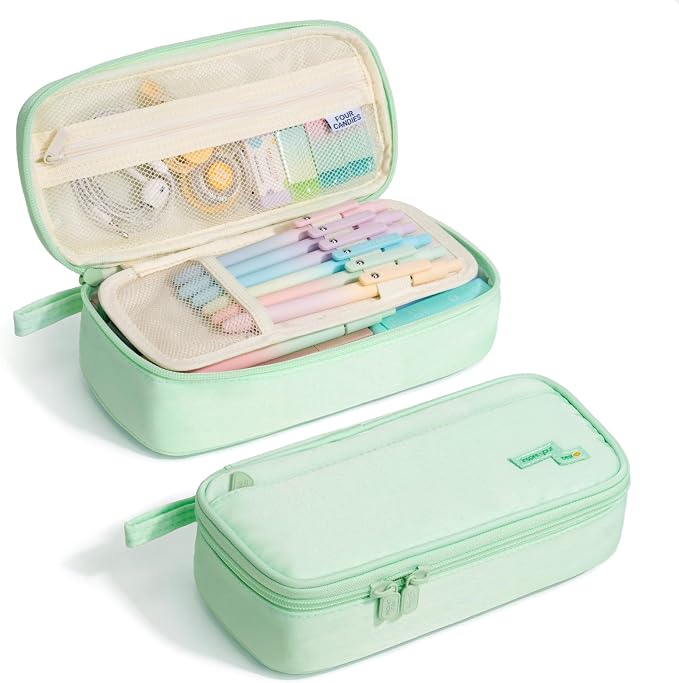 Four Candies Large Pencil Case, 5 Compartments Pen Organizer, Big Capacity Canvas Pencil Pouch Bag for School Supplies, Portable Stationery Holder for Teen Girls, Women (Peppermint Green)
