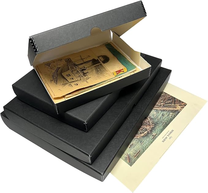 Lineco Clamshell Archival Storage Box, 9.5x12.5x1.75 Inch, Black, Pack of 2 | Acid-Free with Metal Edge Boxboard, Organize and Store Photos Documents Cards Negatives Magazine Prints Family Records DIY
