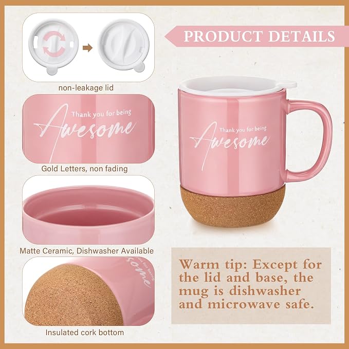 Sayglossy 4 Pcs Thank You Gift Set for Women Men Back to School Teacher Appreciation Gift Leather Notebook Inspirational Coffee Mug Scented Candle Ballpoint Pen for Employee Coworker Nurse Boss, Pink