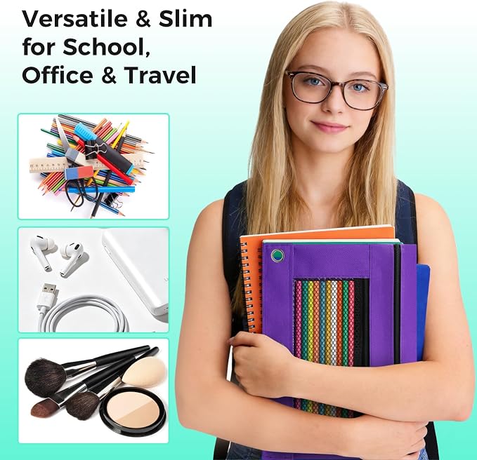 Pencil Pouch for 3 Ring Binder, Pencil Case with Zipper, 600D Fabric Pencil Pouch Bag Holder Accessories, Clear Window Pencil Case Aesthetic Back to School Organizer Pockets for Boy Girl (Purple)