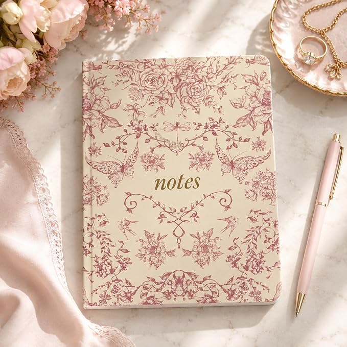 Pearhead Hardcover Journal Notebook 6x8 – Red Toile Botanical Dragonfly Print College-Ruled Writing Journal with 200 Lined Pages for Notes, Work & Journaling