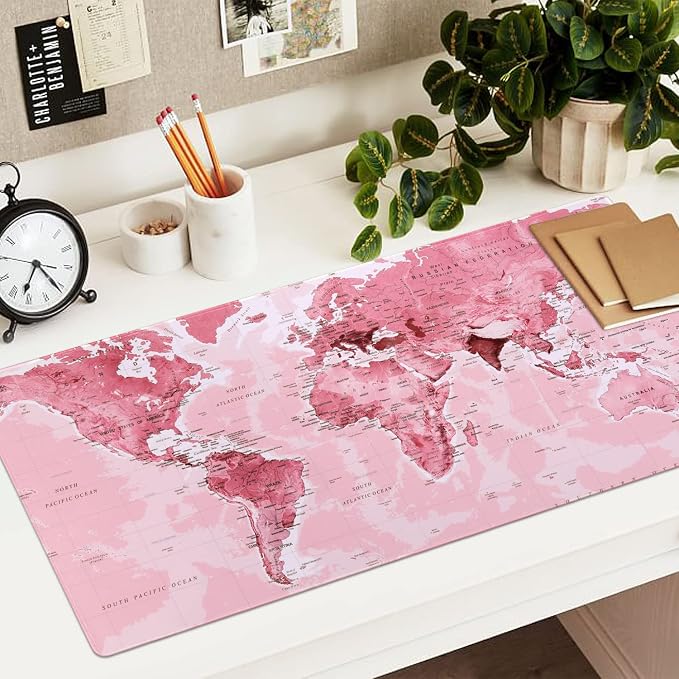 iCasso Extended Gaming Mouse Pad (35.4x15.7 in), Large 3mm Non-Slip Rubber Base Mousepad with Stitched Edges, Waterproof Keyboard Mouse Mat Desk Pad for Work, Game, Office, Home - Pink World