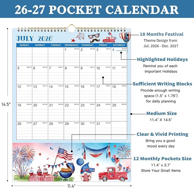 2026-2027 Wall Calendar - 11.4" x 14.5", 18 Months from Jul. 2026 - Dec. 2027, 2026-2027 Wall Calendar with Pockets for Home & Office, Vertical Calendar with Hanging Loop