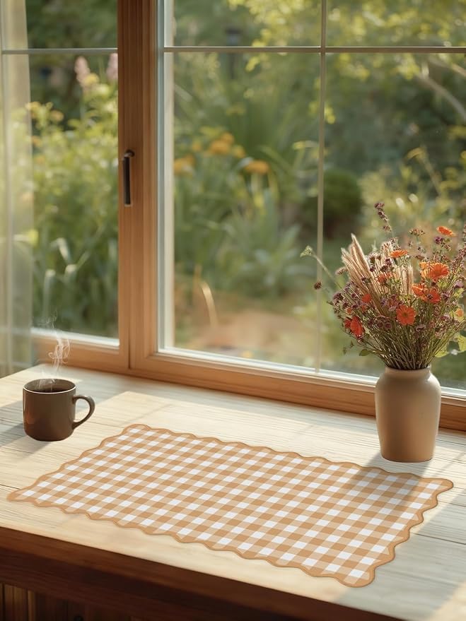 Scalloped‌ Orange Checkered Gingham Desk Mat Cute Pastel Large Mouse Pad Kawaii Cottagecore ‌Vintage‌ Rustic Keyboard Pad Computer Mat for Desktop Aesthetic Cozy Office Desk Decor