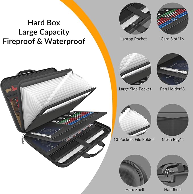 onvvippiv Hard Case Fireproof Document Box with Lock Zipper | Important File Organizer Waterproof Portable Home Office Travel Storage Accordion Folder for Letter A4 Laptop Files