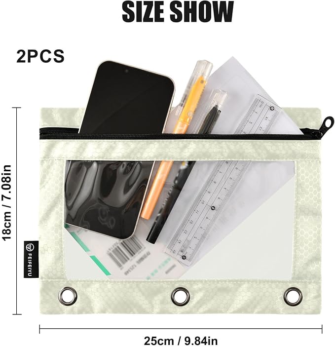 Gredecor Binder Pencil Pouch 3 Ring Beige Zipper Pencil Pouches Case 2 Pack Clear Binder Organizer for School Office