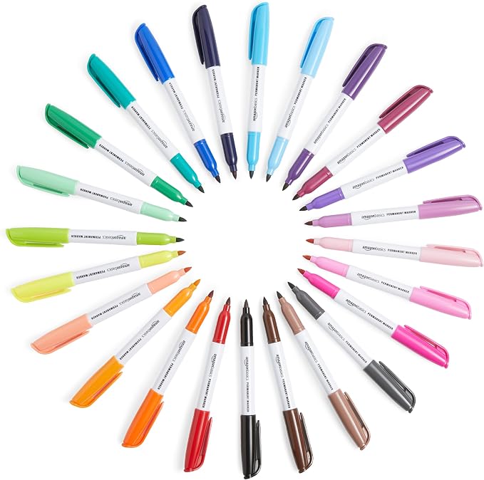 Amazon Basics Fine Tip Permanent Markers for Writing, Drawing, Quick Drying, Office, School, and Home Use, Black, 24 Pack