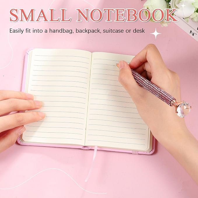 Rhinestone Pen & Glitter Notebook Set, Hard Cover Bling Diary Journal for Girls, Cute School Supplies for Back to School, Sparkly Desk Accessories Gift for Women(Rhinestone,A6,Pink)