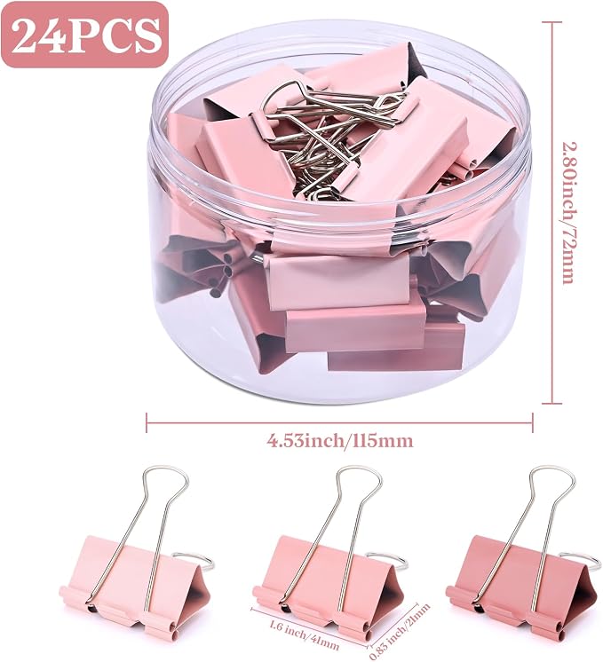 Temiary Aesthetic Binder Clips, Large Metal Binder Clip with Clear Storage Container, Binding Paperwork Clamps for School Teachers Office Supplies (Pink 1.6 Inch, 24P)