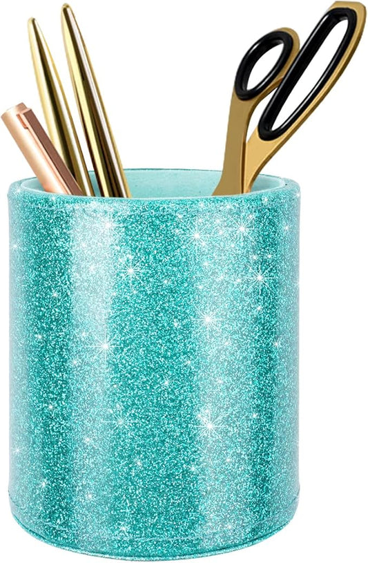 Glitter Pen Holder Pencil Organizer, Cute Pencil Cup Desk Decor, Decorative Makeup Brush Holder Large, Leather Multi-Functional Organizer Cup for Office, Home, Classroom, Blue+Green