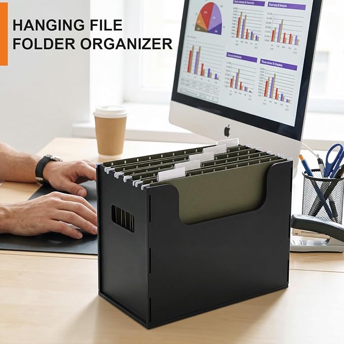 Qeeenar 1 Pcs Desktop Hanging File Organizer Box with 5 Pcs Army Green Hanging File Folders Letter Size Folder Storage Portable Storage Cabinets Document Holder for Office Supplies Home