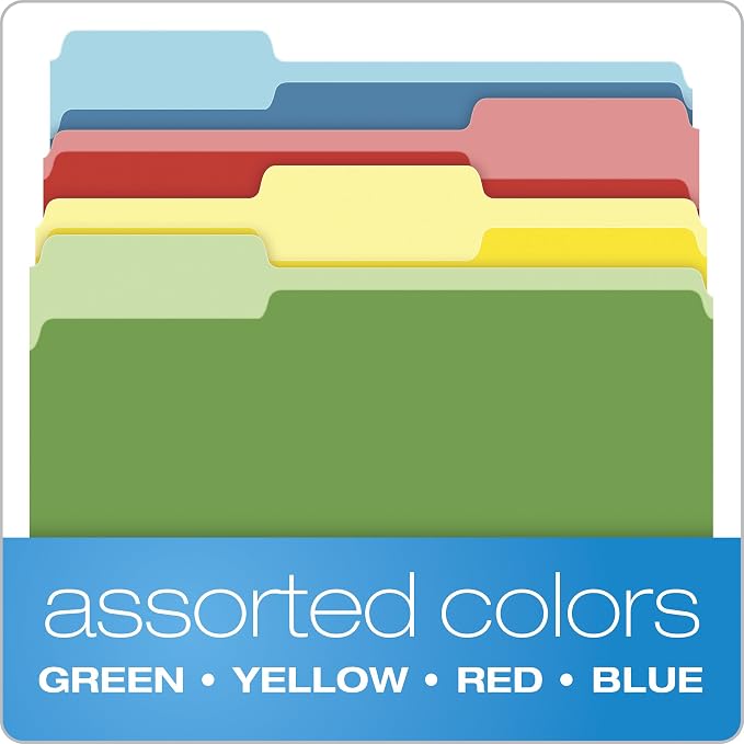 Pendaflex Colored File Folders, Letter Size (8.5" x 11"), 3 Tabs, Durable Paper, Assorted Colors: Green, Yellow, Red & Blue, Color-Coding for School, Office & Home Document Organization (Pack of 360)