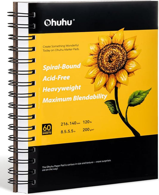 Ohuhu 5.5"x8.5" Marker Paper Pad Art Sketchbook for Drawing and Sketching | Small Sketch Book - 120 LB/200 GSM Smooth Drawing Paper - 60 Sheets/120 Pages - Spiral-Bound Sketch Pad for Alcohol Markers
