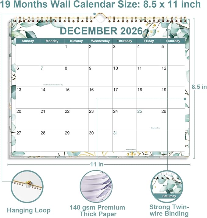 2026-2027 Calendar, Wall Calendar 2026-2027 from June 2026 - December 2027, 19 Months Calendar with Premium Paper, Twin-Wire Binding & Hanging Hook, 8.5" x 11", Green Leaf