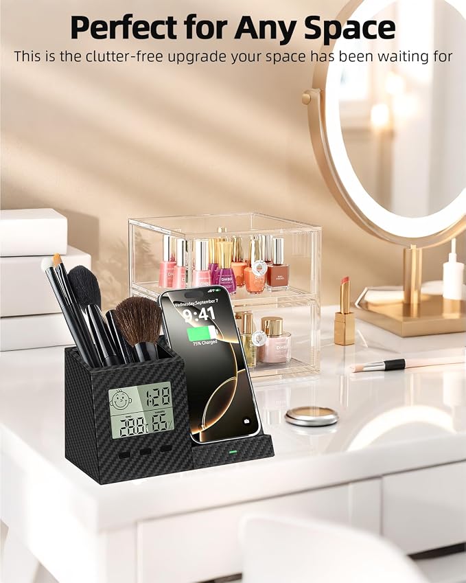Desk Organizer with Wireless Charger, Digital Clock, Thermometer & Hygrometer - Multi-Functional Pencil Holder, Office Desk Accessories Storage Caddy for Home, Office, Men, Women (Battery Included)