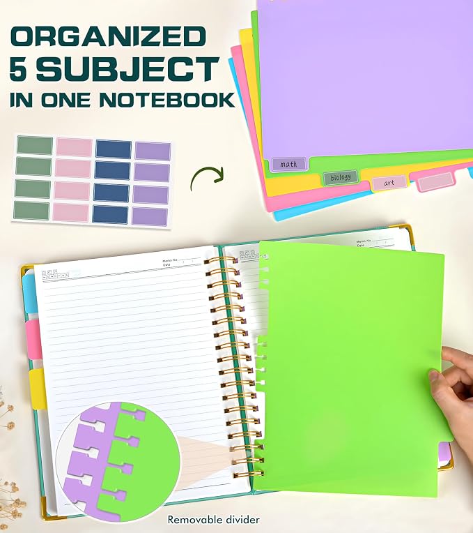 Hardcover Spiral Notebook Journal 8.5" x 11" Leather 5 Subject Notebook with Removable Dividers Tabs, 300 Pages Organizer Notebooks for Work School, College Ruled, Large Lined Journal for Women,Aqure