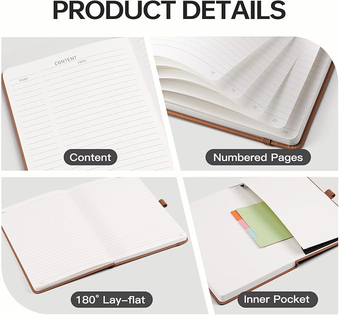EMSHOI Lined Journal Notebook, 192 Numbered Pages, A5 Size (5.7'' x 8.3'') | Leather Hardcover, 100 GSM Thick Paper, for Women & Men, Journaling, Writing, Work & Office, Sun Debossed (Brown)
