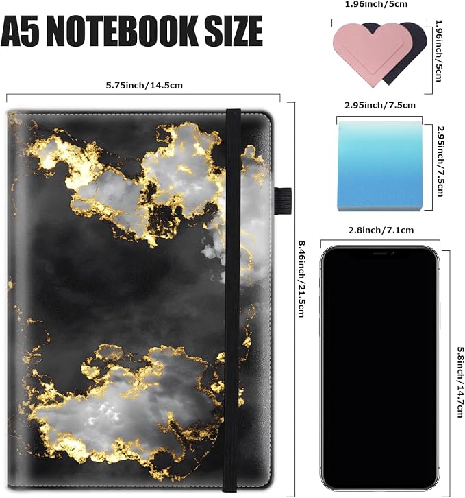 Hardcover Executive Notebooks, A5 PU Leather Lined Journal Notebook, 200 Pages Thick Paper Subject Notebooks for School,Work,Home Writing Business Notebook,Gilded Grayscale Nebula Marble