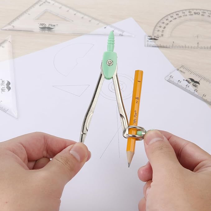 Mr. Pen- Geometry Set, 13 pcs, 3 Metal Compasses, Protractor, 6" Ruler | 45° & 30°/60° Set Squares, Pencils, Lead Refills, Sharpener & Eraser for Math, Drafting & Classroom Use | 45° & 30°/60° Set Squares, Pencils, Lead Refills, Sharpener & Eraser for ...