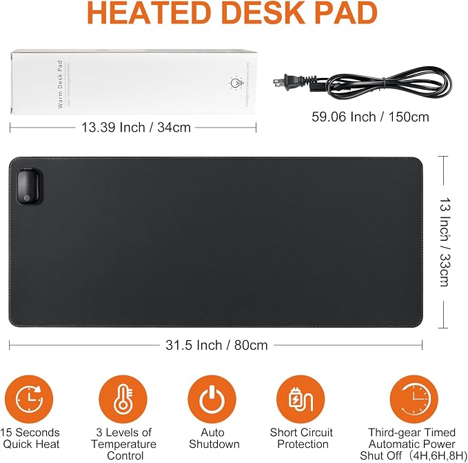 Heated Mouse Pad, Warm Desk Pad,Heated Large Desk Mat with 3 Levels Heating,Gaming Mouse Pad Foot Warmer Pad for Home Office(Upgrade Version,Black,31.5" x 13")