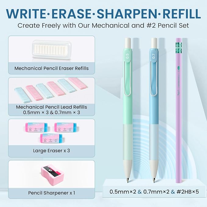 Cute Pencil Case With Supplies, 39 PCS Aesthetic Stationery Set with Pencil Pouch, 6 Black Ink Gel Pens, 12 Pastel Highlighters, 5 #2 HB Pencils, 4 Mechanical Pencils, Back to School Supplies - Blue