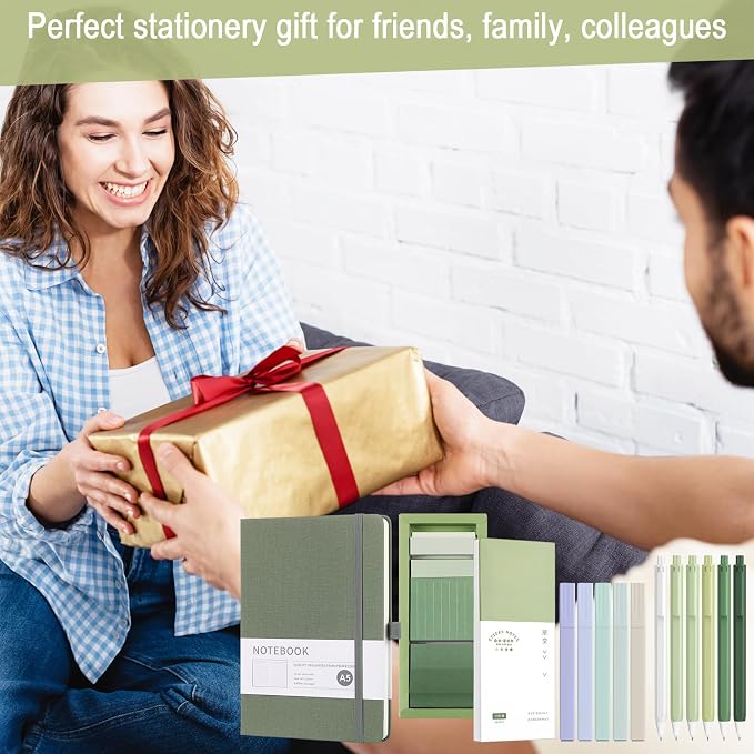 Dispowreath Sage Green Aesthetic Stationery Set 6 Retractable Black Gel Ink Pens 0.5mm Notebook Sticky Notes Set 5 Highlighters Self Stick Index Tabs for Back to School Teacher Appreciation Gift