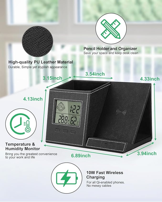 Pen Holder with Wireless Charger, Built in Digital Indoor Thermometer and Humidity Monitor, Multi-Functional Desktop Organizer for Home, School, Office Supply, Midnight Black