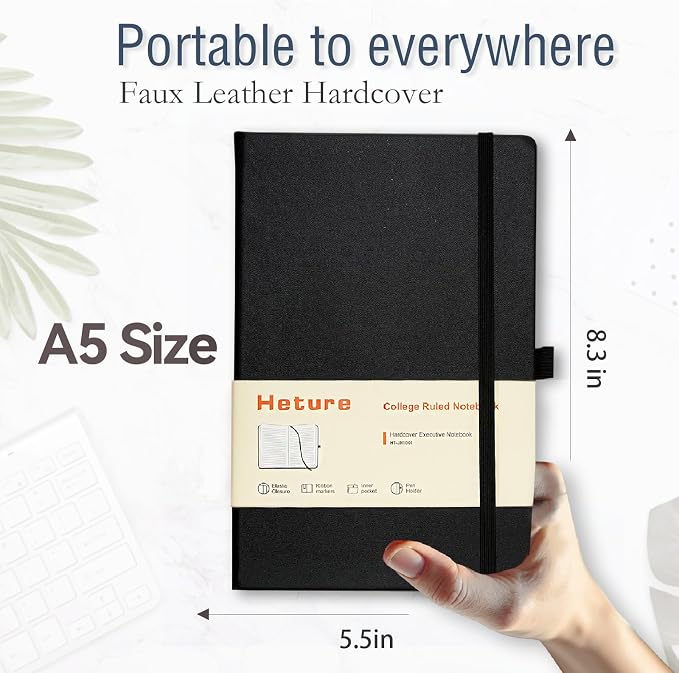 Heture 10 Pack Hardcover Journal Notebooks, A5 Lined Notebook for Writing and Work, 160 Pages 100 GSM Thick Paper, Ruled Notebooks Bulk with Elastic Closure, Hardcover Notebook for Work, School, Travel, Note Taking (Black)