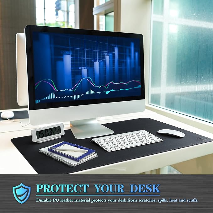 K KNODEL Large Sewing Leather Desk Mat, Desk Pad (Black, 35.4" x 17") | Mouse and Keyboard Pad, PVC Computer and Laptop Mat, Desktop Protector and Cover, Writing Pad and Blotter for Home Office
