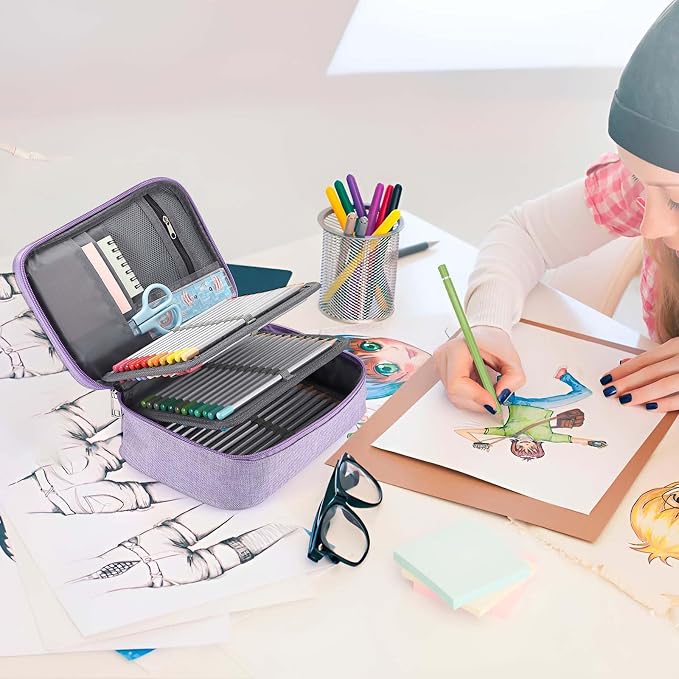 BTSKY® High Capacity Zipper Pens Pencil Case- Multi-Functional Stationery Pouch 72 Slots Colored Portable Pencil Bags With 2 Removable Sleeves(Purple)