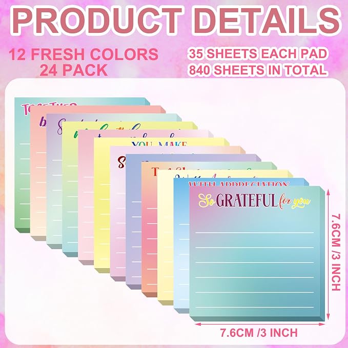 Yinder 24 Pcs Inspirational Sticky Notes, Back to School Supplies, Cute Motivational Sticky Notes Pad Employee Appreciation Gifts Bulk for Teacher Coworker Office 3 x 3'' (Thankful,Classic Color)