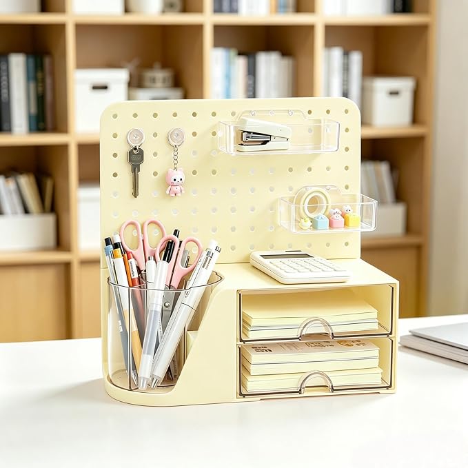 Desk Organizer with 360° Rotating Pen Holder, 5 Slots, 2 Drawers & Pegboard for Office School Art Supplies (Cream)