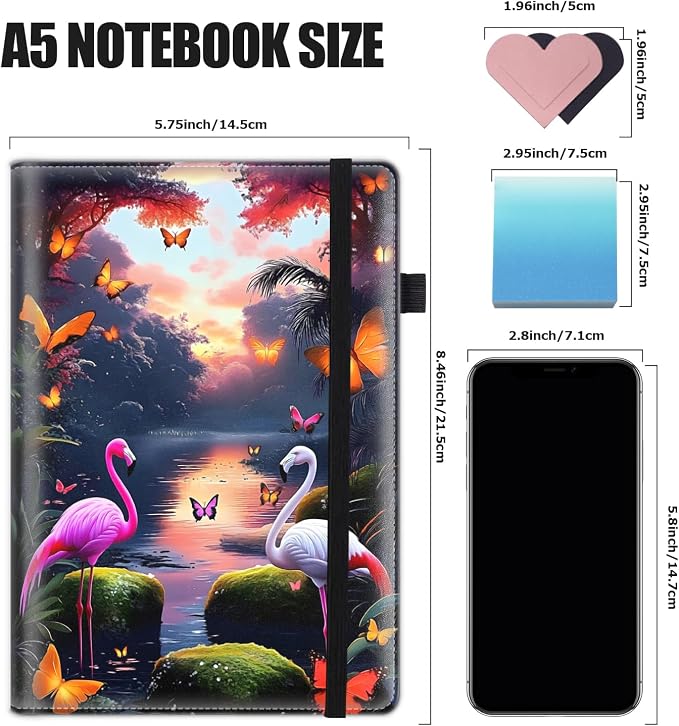 Hardcover Executive Notebooks, A5 PU Leather Lined Journal Notebook, 200 Pages Thick Paper Subject Notebooks for School,Work,Home Writing Business Notebook, Diary Book ，Pink Flamingo