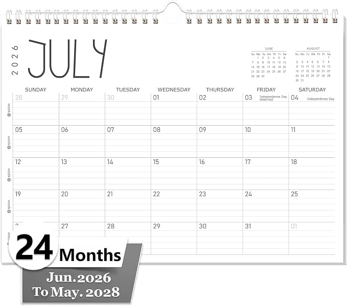 GuassLee Wall Calendar 2026, 24-Month Desk/Wall Academic Calendar from Jun. 2026 to May. 2028,17" X 12" Desktop Hanging Monthly Planner with Thick Paper Spiral Bound for Easy Organizing