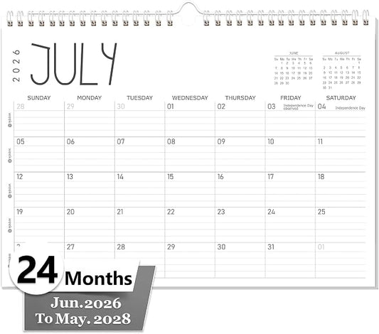 GuassLee Wall Calendar 2026, 24-Month Desk/Wall Academic Calendar from Jun. 2026 to May. 2028,17" X 12" Desktop Hanging Monthly Planner with Thick Paper Spiral Bound for Easy Organizing