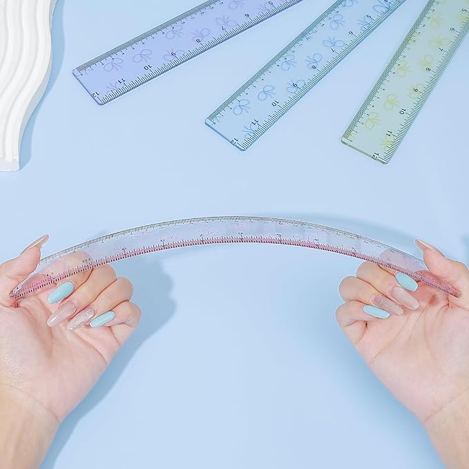 BAYTORY 4Pcs Transparent Acrylic Ruler 12 Inch, Plastic Straight Rulers | Shatterproof Student Stationery Centimeters with Inches, for Classroom Essentials School Supplies (Bowknot 12 Inch)