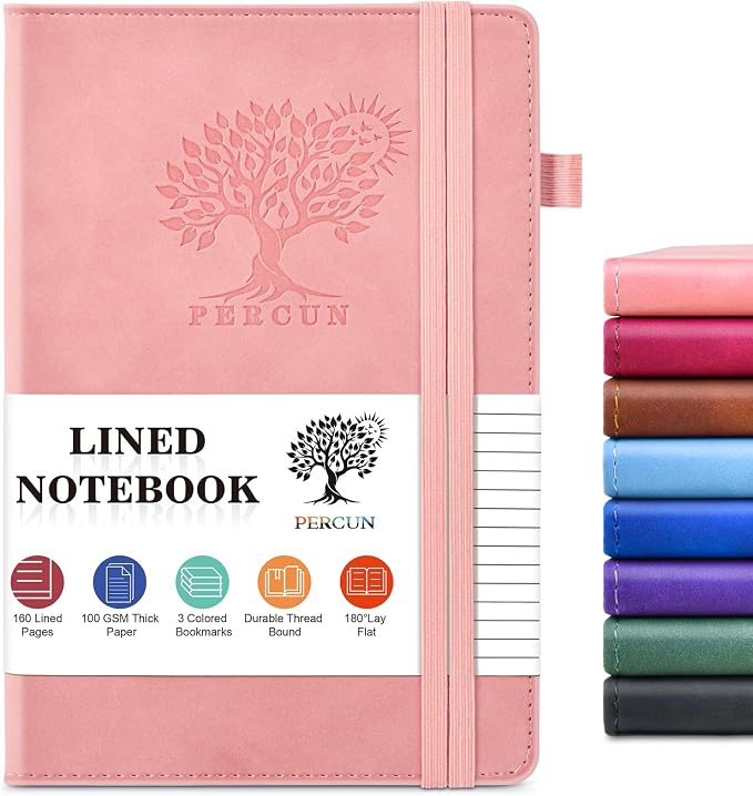 PERCUN A5 Leather Notebook Journal, 160 Lined Pages, 5.9" x 8.5" Pink | Leather Journal for Men Women, Hardcover Notebooks for work, school, business, travel diary, Note taking & Daily Journaling